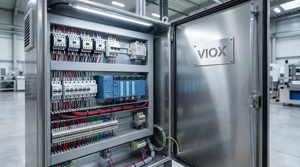 open industrial control panel showing organized electrical components including plcs circuit breakers contactors and terminal blocks with professional wire management